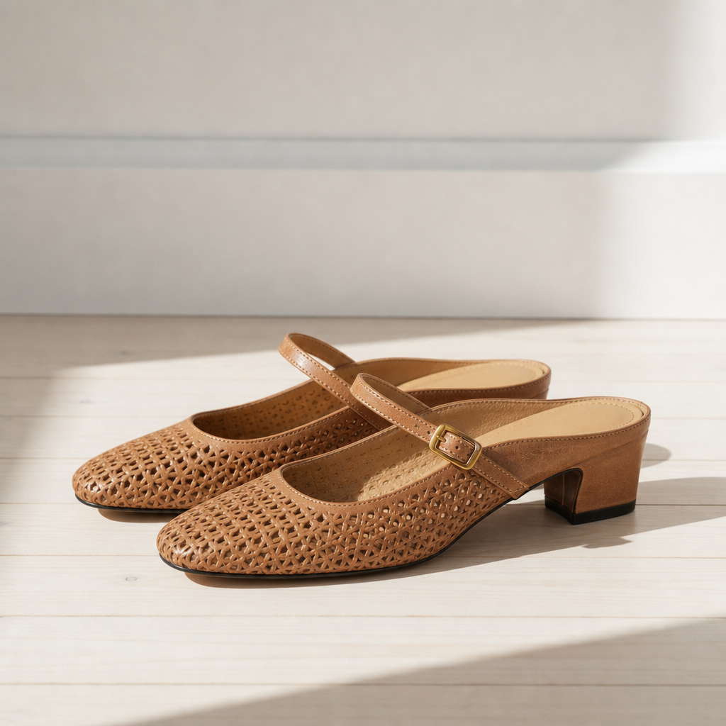 Ansouis Woven Leather Mary Janes in Apricot