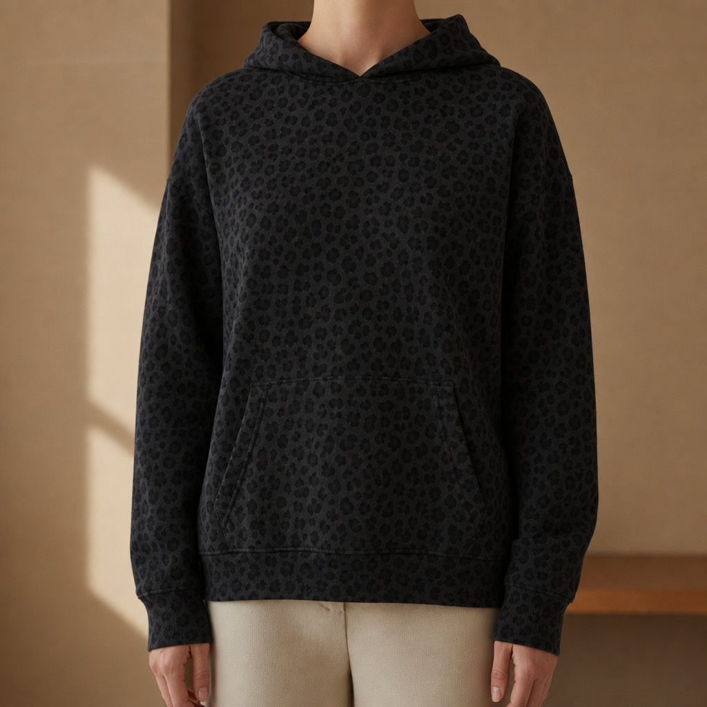 Zakynthos Leopard Print Hoodie in Black Leopard
