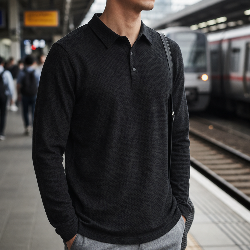 Skopelos Textured Silk Polo in Black