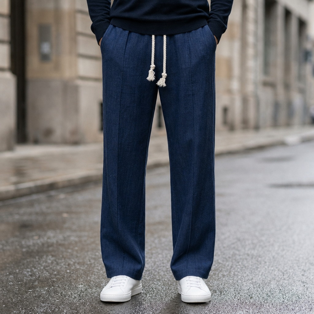 Symi Linen Drawstring Trousers in Navy Blue