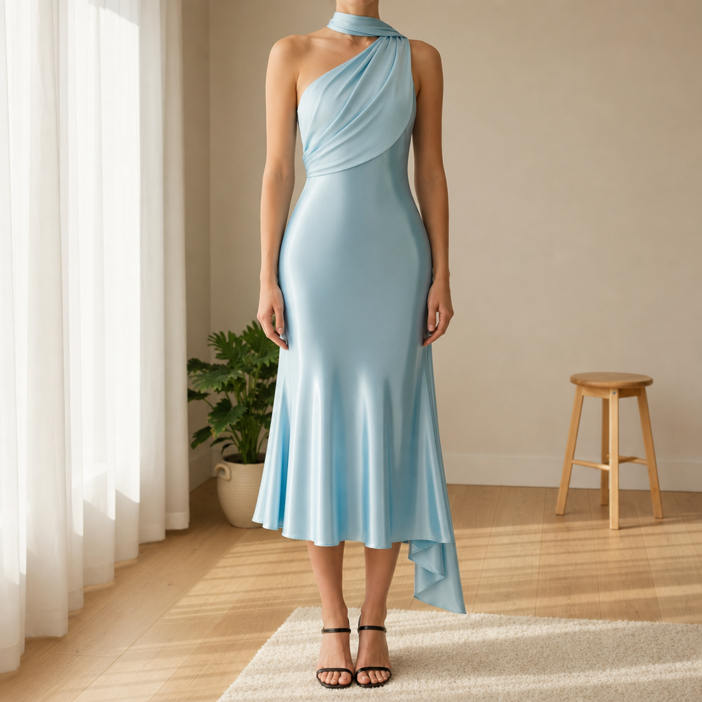 Orvieto Satin Mermaid Midi Dress in Blue