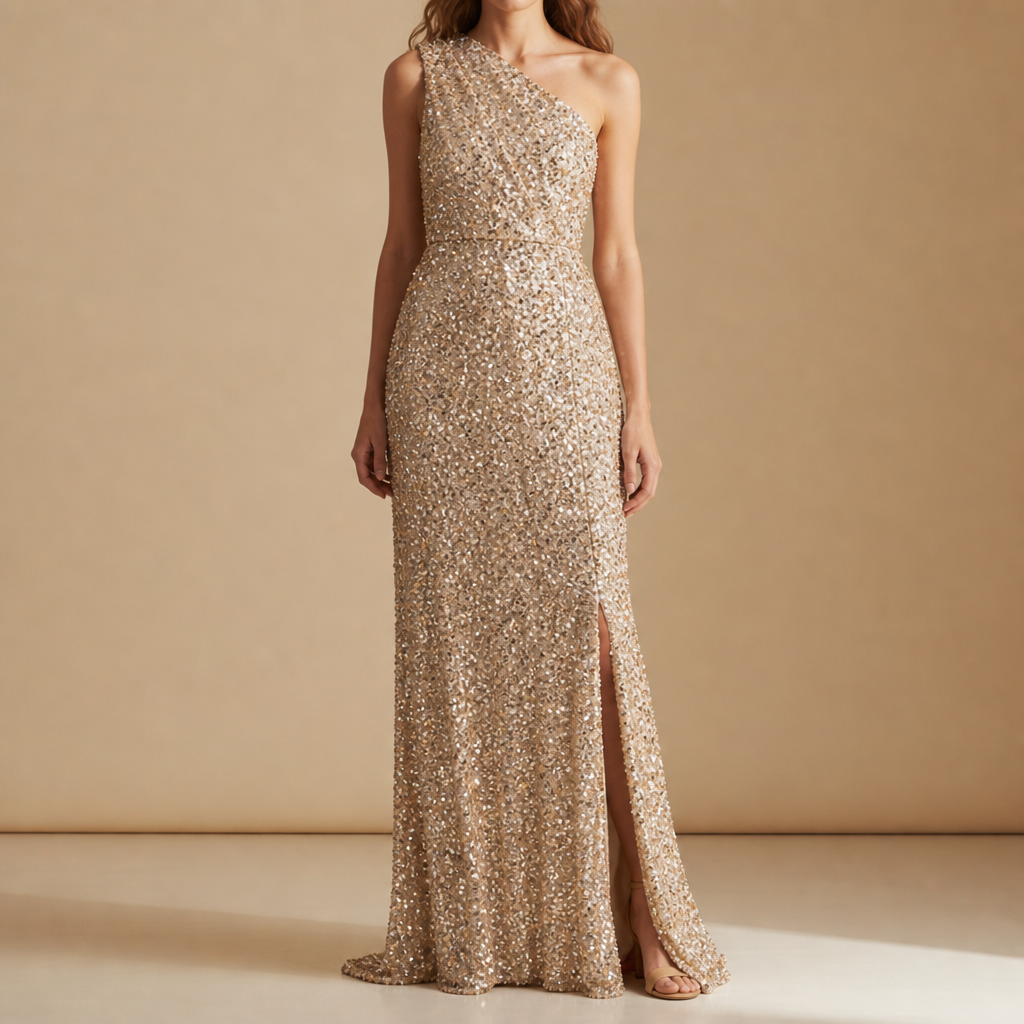 Girona Sequin One-Shoulder Maxi Dress in Champagne