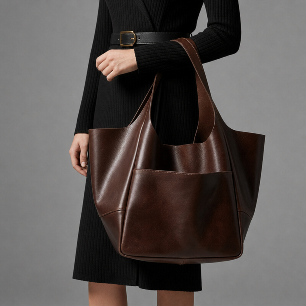 Omodos Oversized Leather Tote in Coffee