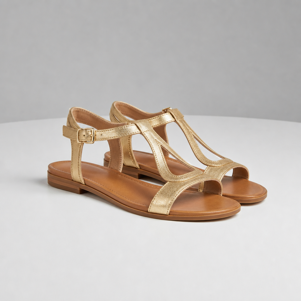 Palamos Metallic T-Strap Sandals in Gold