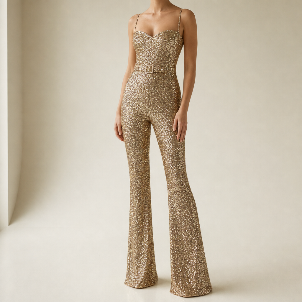 Serifos Sequin Flare Jumpsuit in Gold