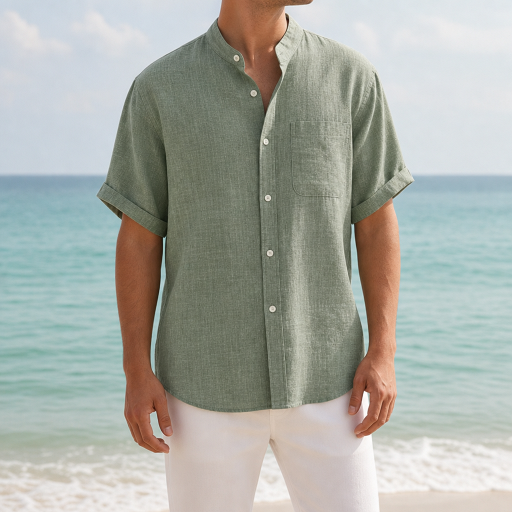 Formentera Mandarin Collar Linen Shirt in Sage Green
