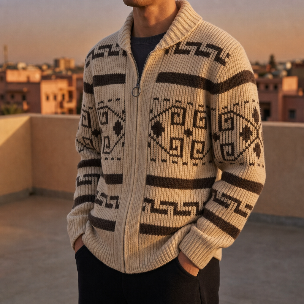 Como Southwestern Zip Cardigan in Cream Brown