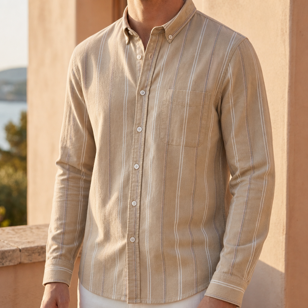 Folegandros Striped Button-Up Shirt in Khaki Beige Stripe