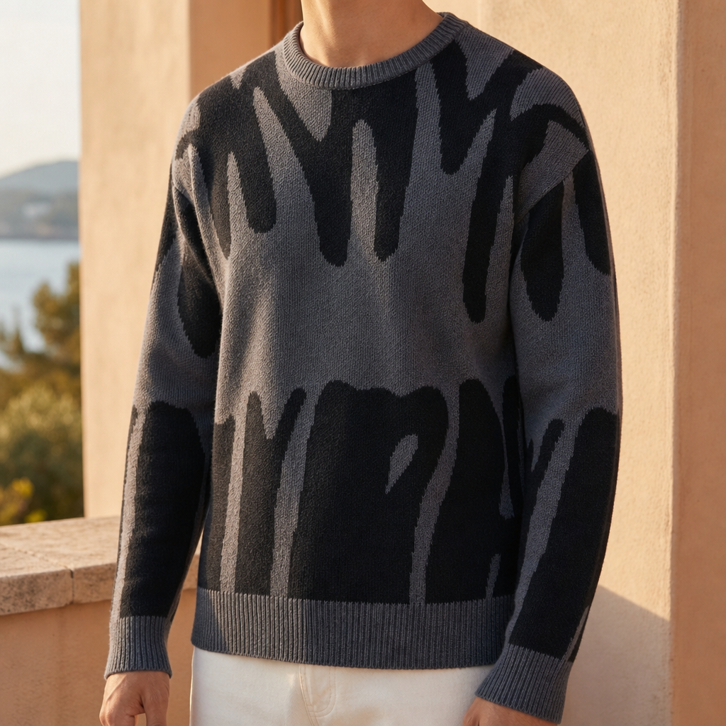 Larnaca Abstract Crewneck Knit Sweater in Charcoal