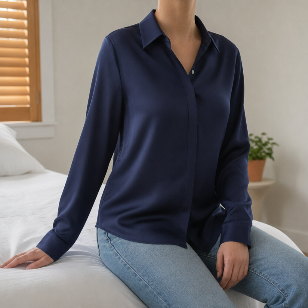 Piodao Long Sleeve Button Blouse in Navy Blue