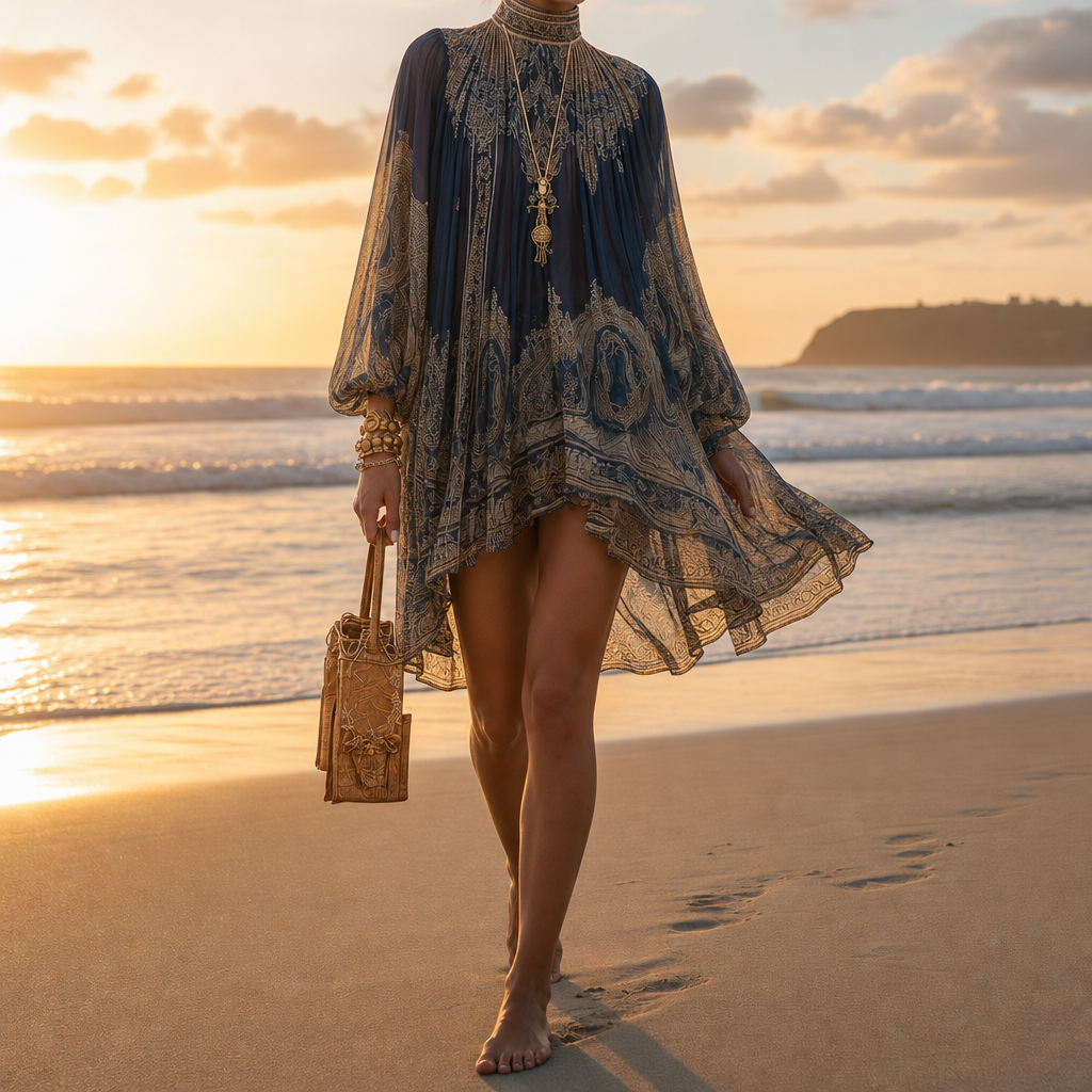 Thassos Baroque Chiffon Asymmetric Dress in Navy