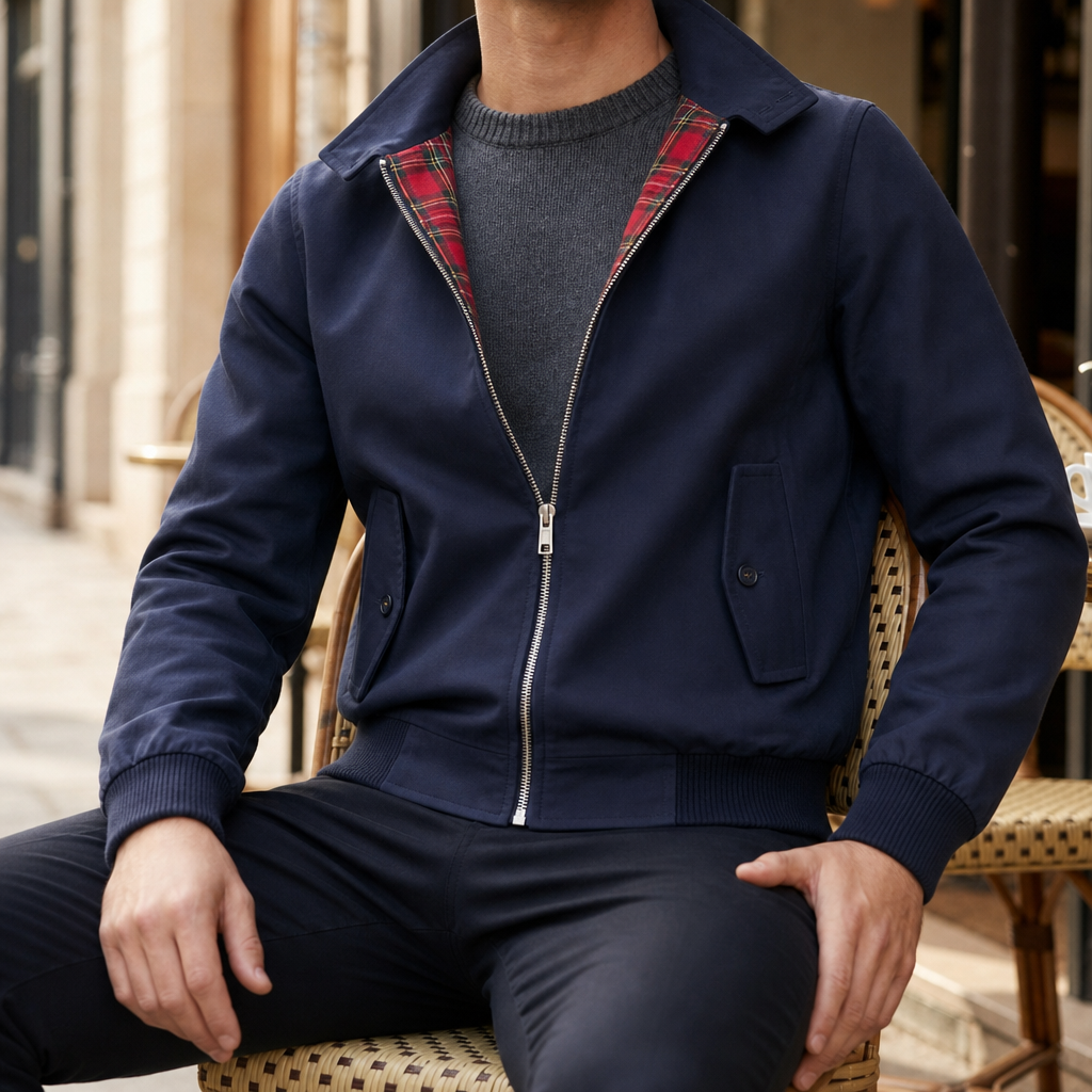 Siracusa Classic Tartan Lined Harrington in NavyBlue