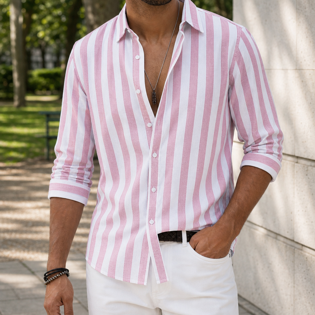 Olviera Striped Linen Button-Up in Pink