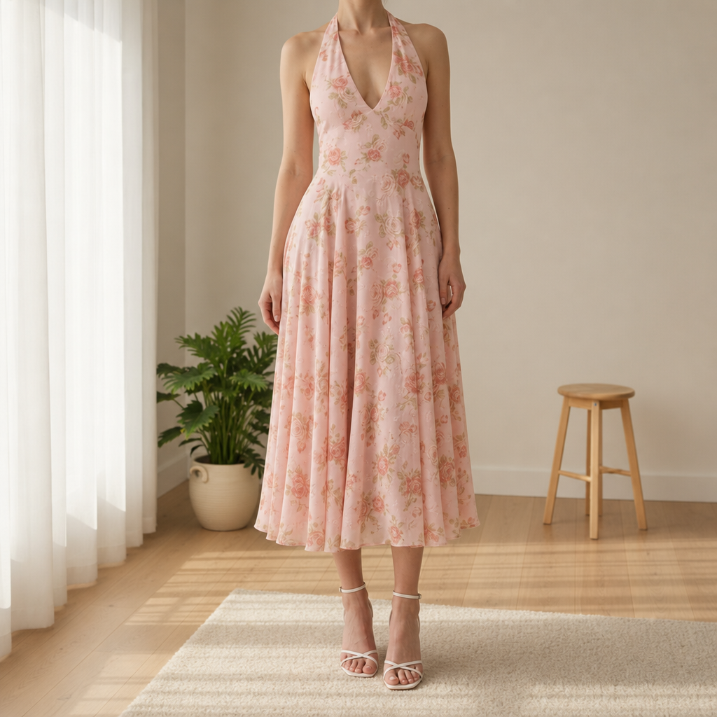 Sitia Floral Halter Midi Dress in Pink