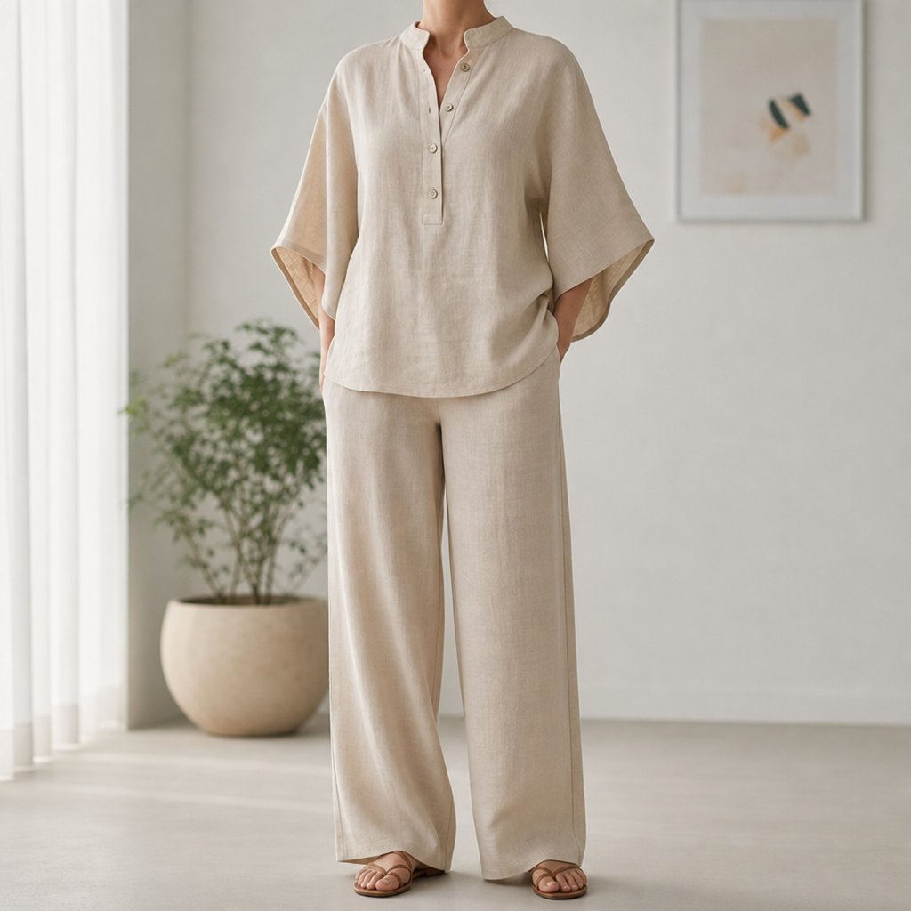 Sitges Linen Kimono Co-ord Set in Sand