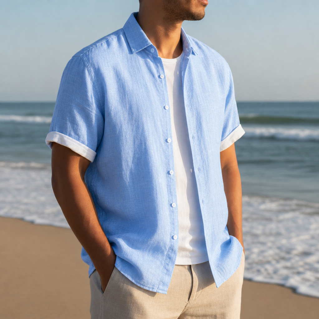 Nerja Linen Short Sleeve Shirt in Sky Blue