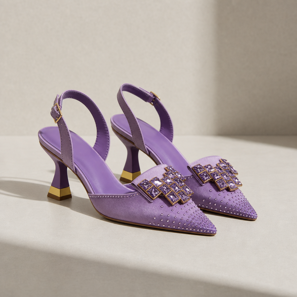 Ston Crystal Gem Slingback Heels in Taro Purple