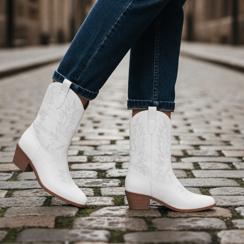 Astypalaia Embroidered Western Cowboy Boots in White