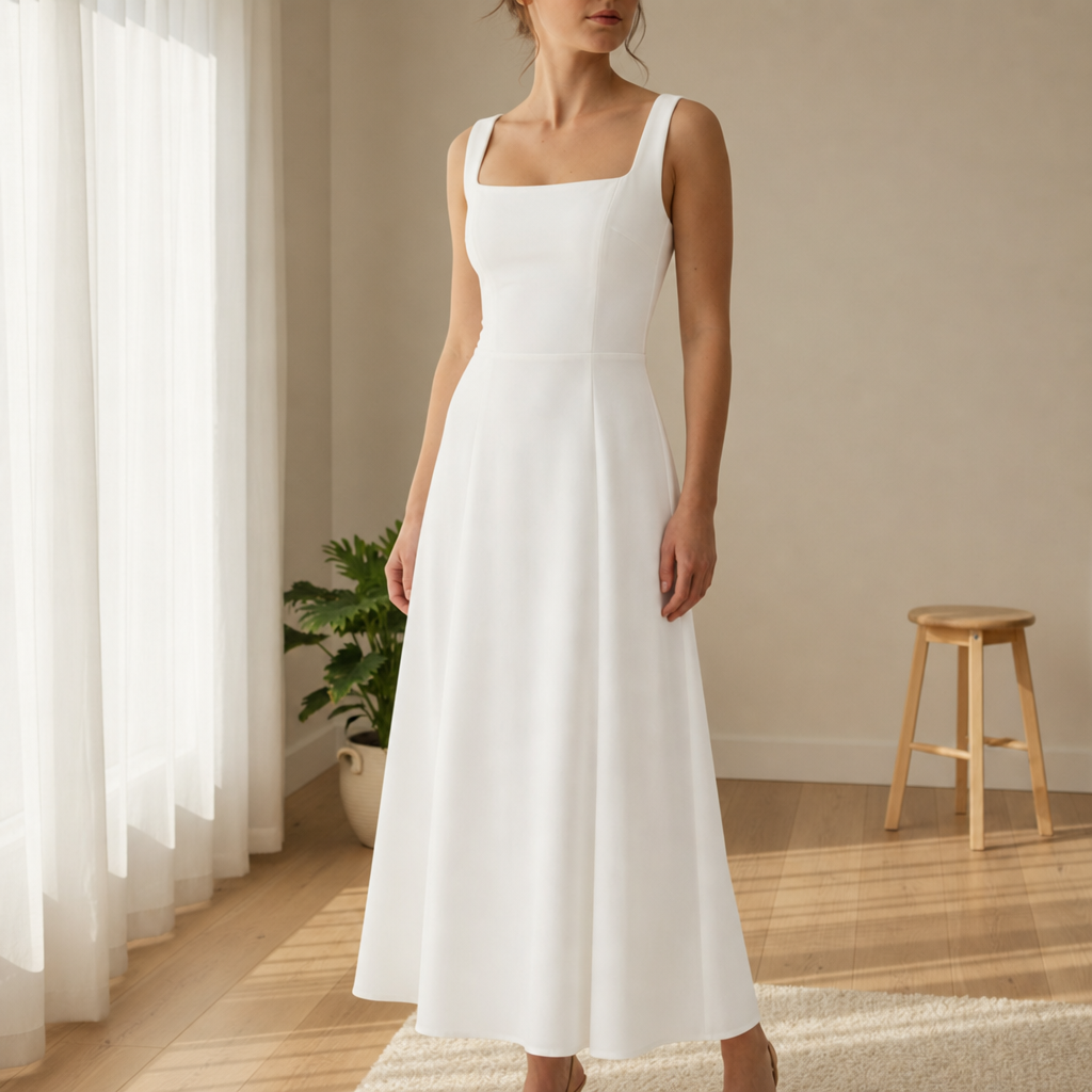 Malaga Square Neck Flare Dress in White