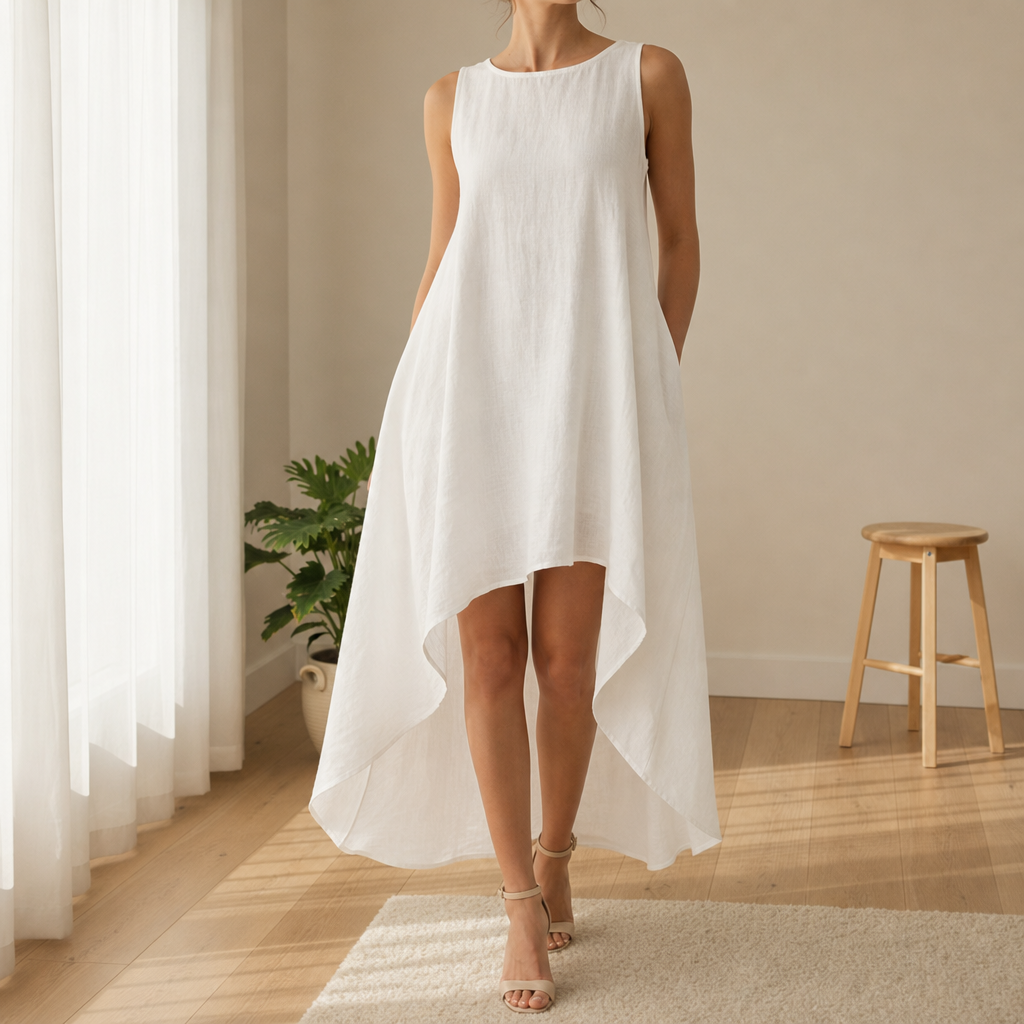 Pisa Asymmetric Linen Midi Dress in White