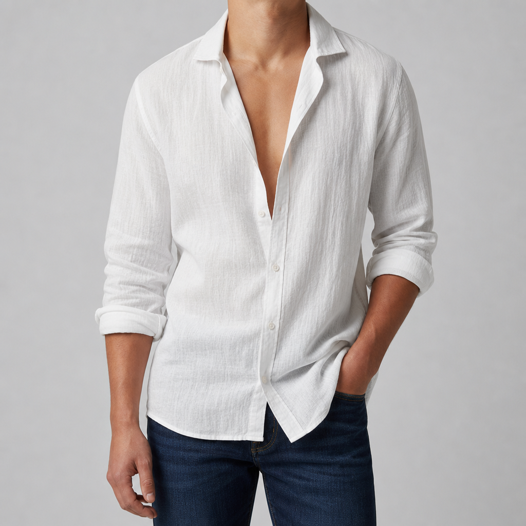 Fiesole Linen Open Collar Shirt in White