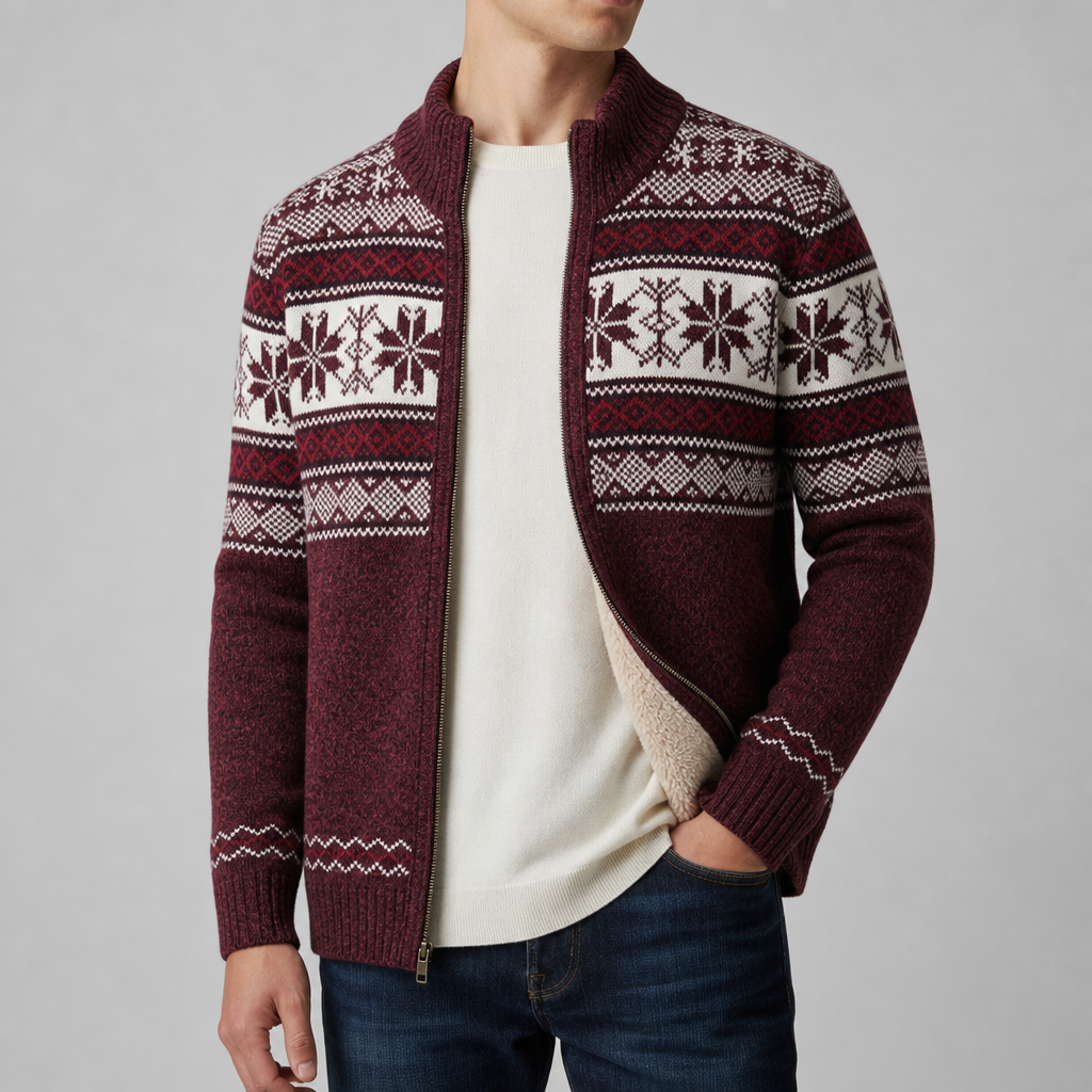 Obidos Nordic Fleece-Lined Cardigan in Black Red