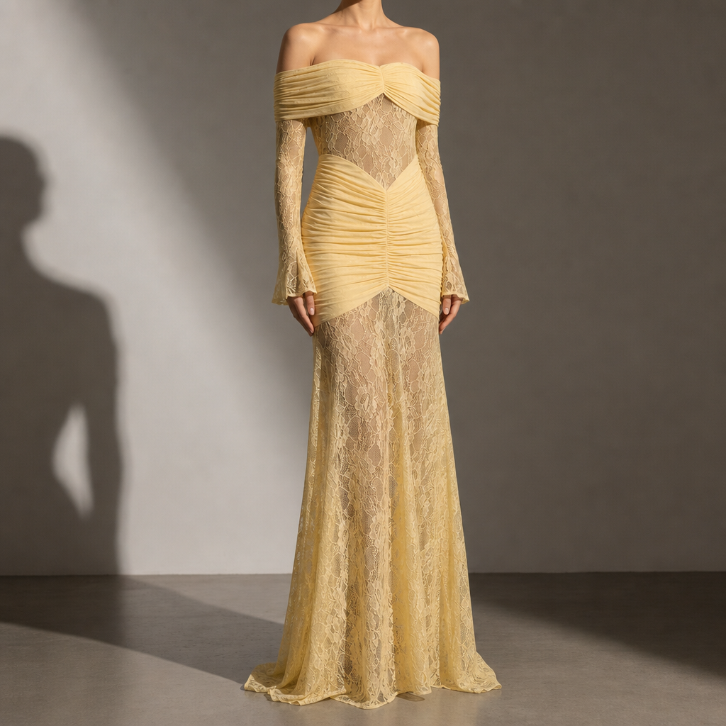 Nazare Lace Off-Shoulder Maxi Dress in Yellow