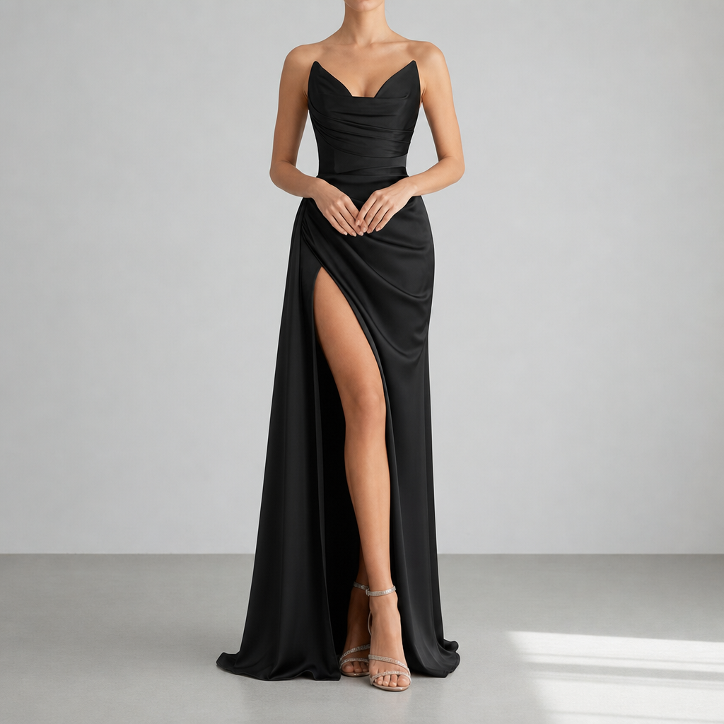 Hydra Ruched Satin Maxi Gown in Black