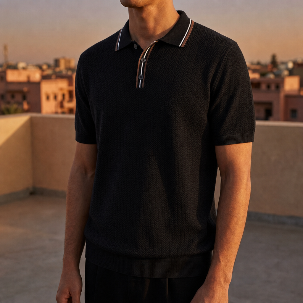Sagres Textured Knit Polo in Black