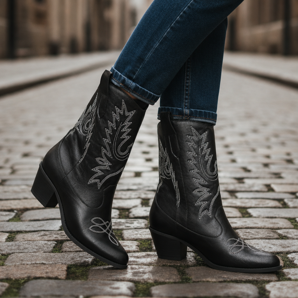 Astypalaia Embroidered Western Cowboy Boots in Black