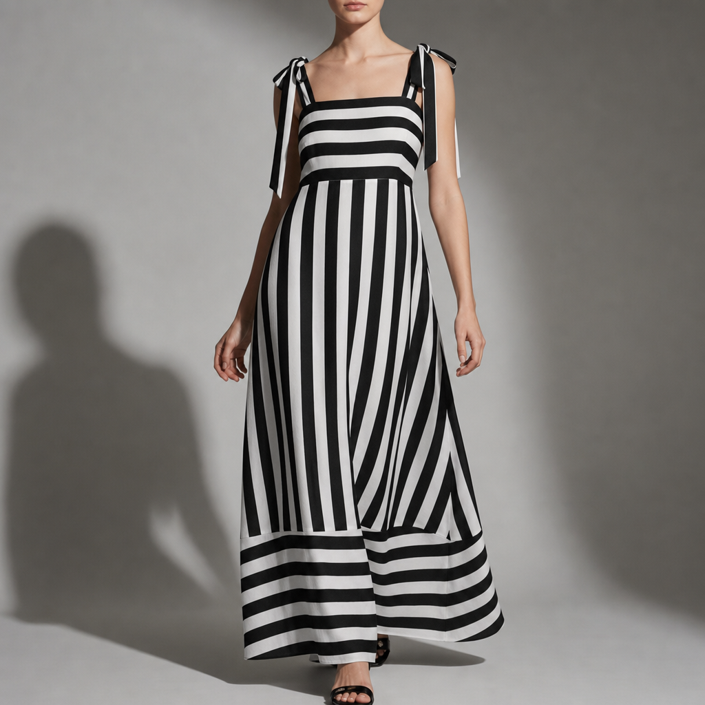 Nisyros Striped Tie-Strap Maxi Dress in Black