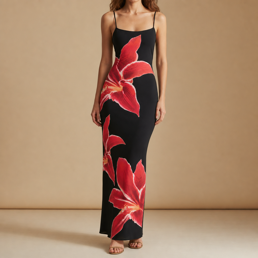 Leros Floral Print Maxi Dress in Black