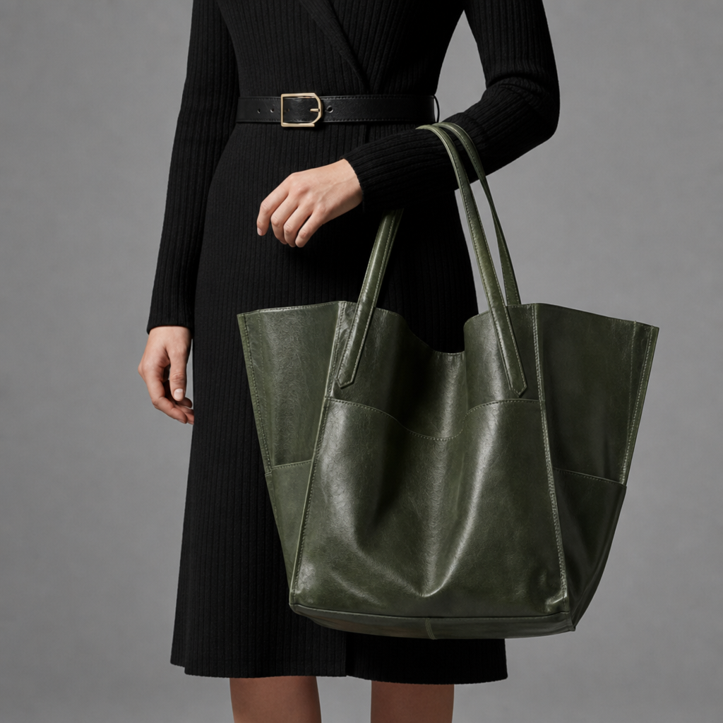 Omodos Oversized Leather Tote in Olive Green