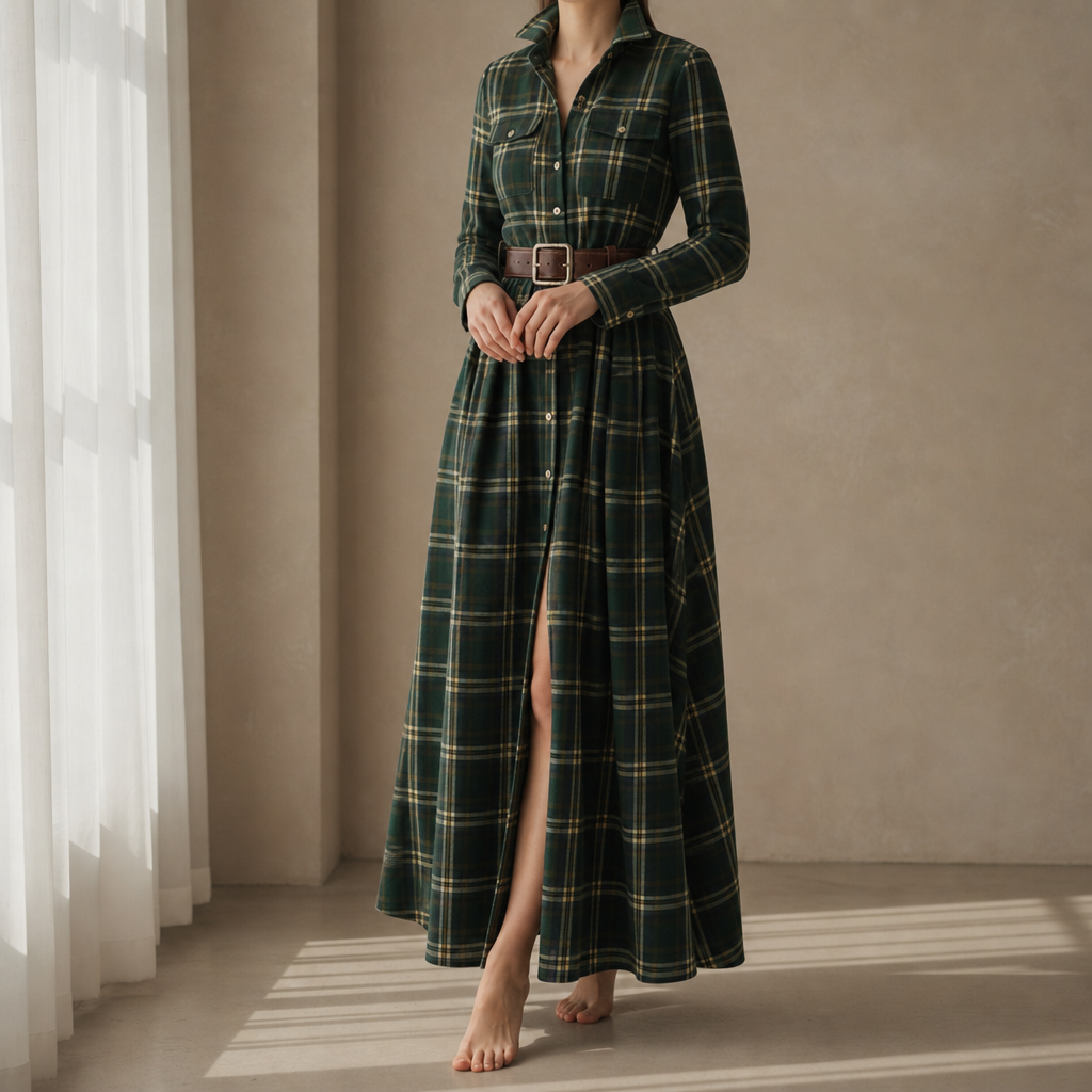 Nerja Plaid Maxi Shirt Dress in Green