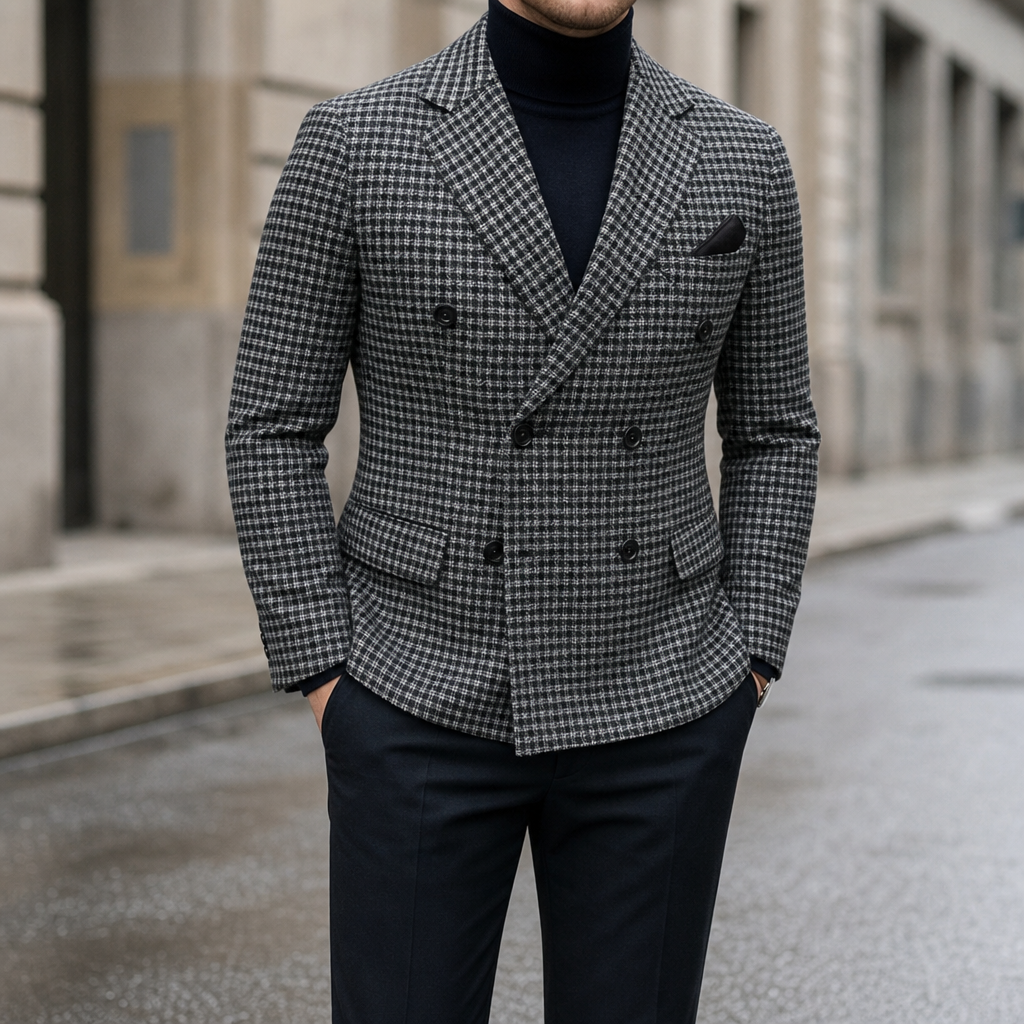 Formentor Double-Breasted Check Blazer in Grey