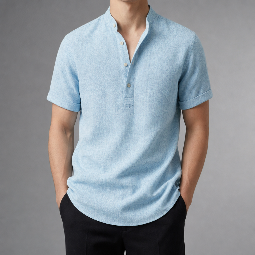 Monreale Linen Henley Shirt in Light Blue
