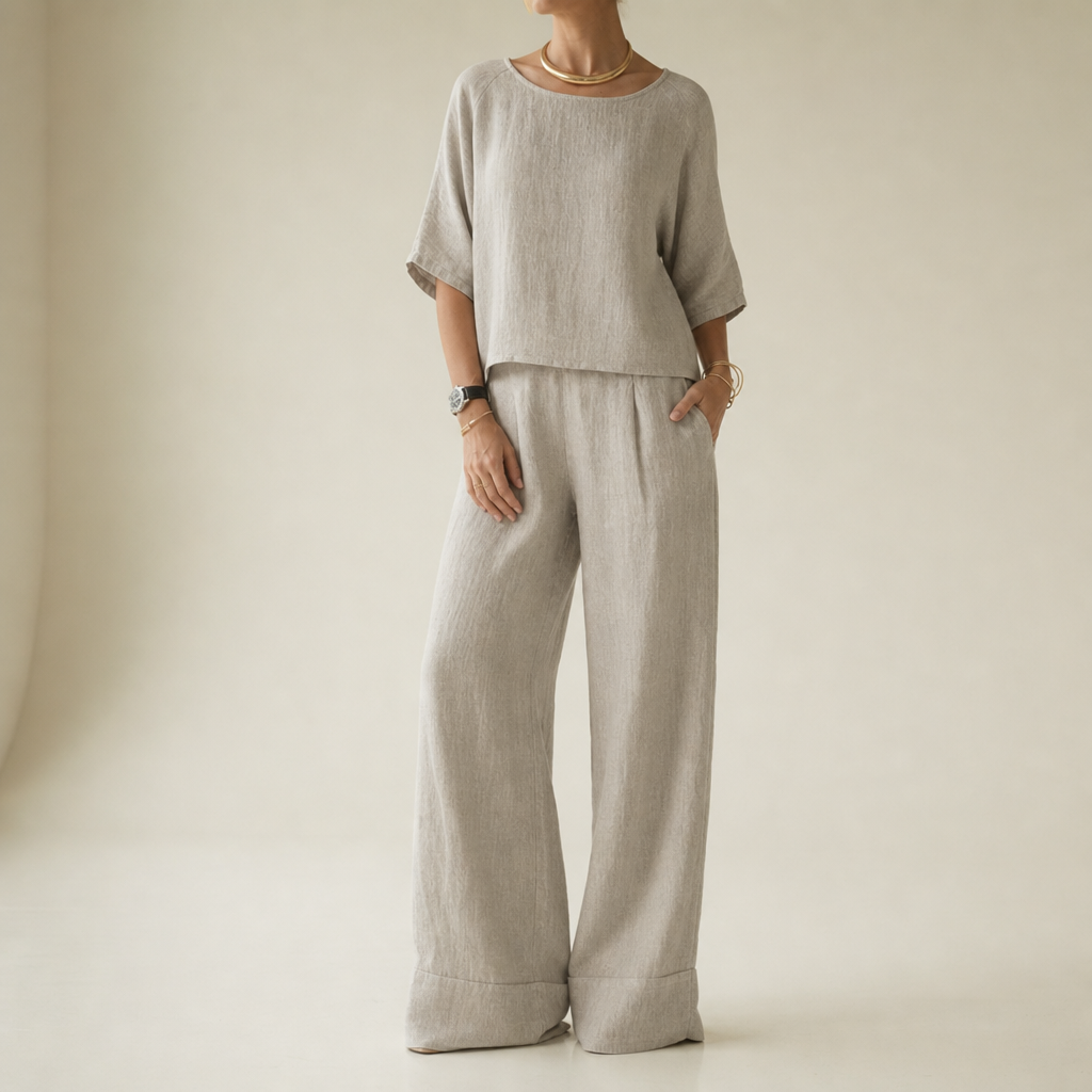 Skyros Linen Relaxed Matching Set in Light Gray