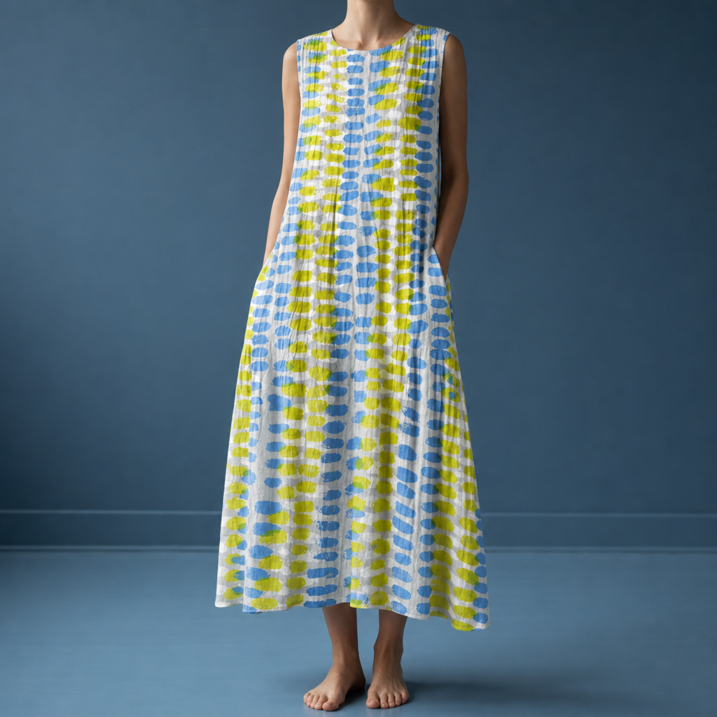 Valldemossa Plaid Tiered Midi Dress in Blue & Yellow Print