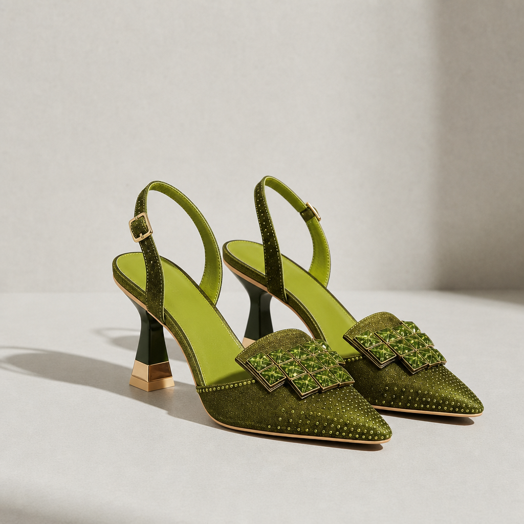 Ston Crystal Gem Slingback Heels in Mystic Green