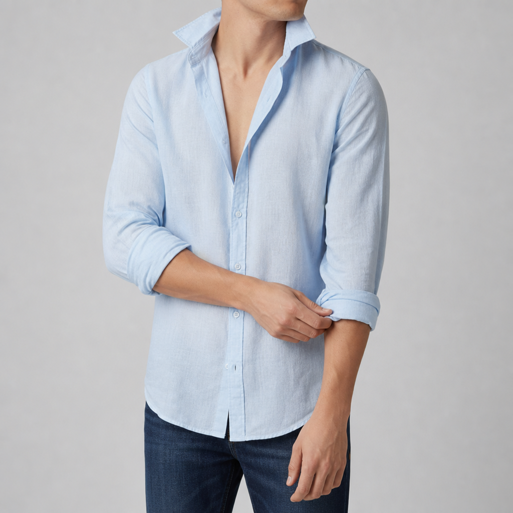 Fiesole Linen Open Collar Shirt in Sky Blue