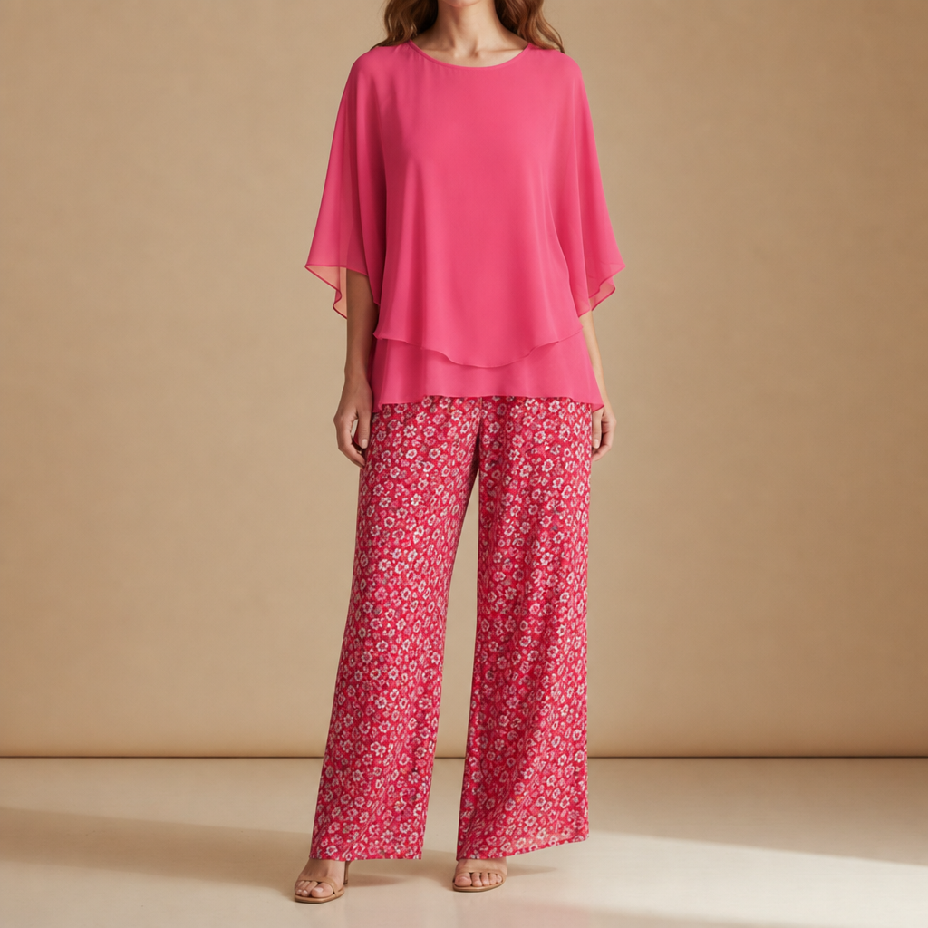 Marenzo Floral Chiffon Two-Piece Set in Pink