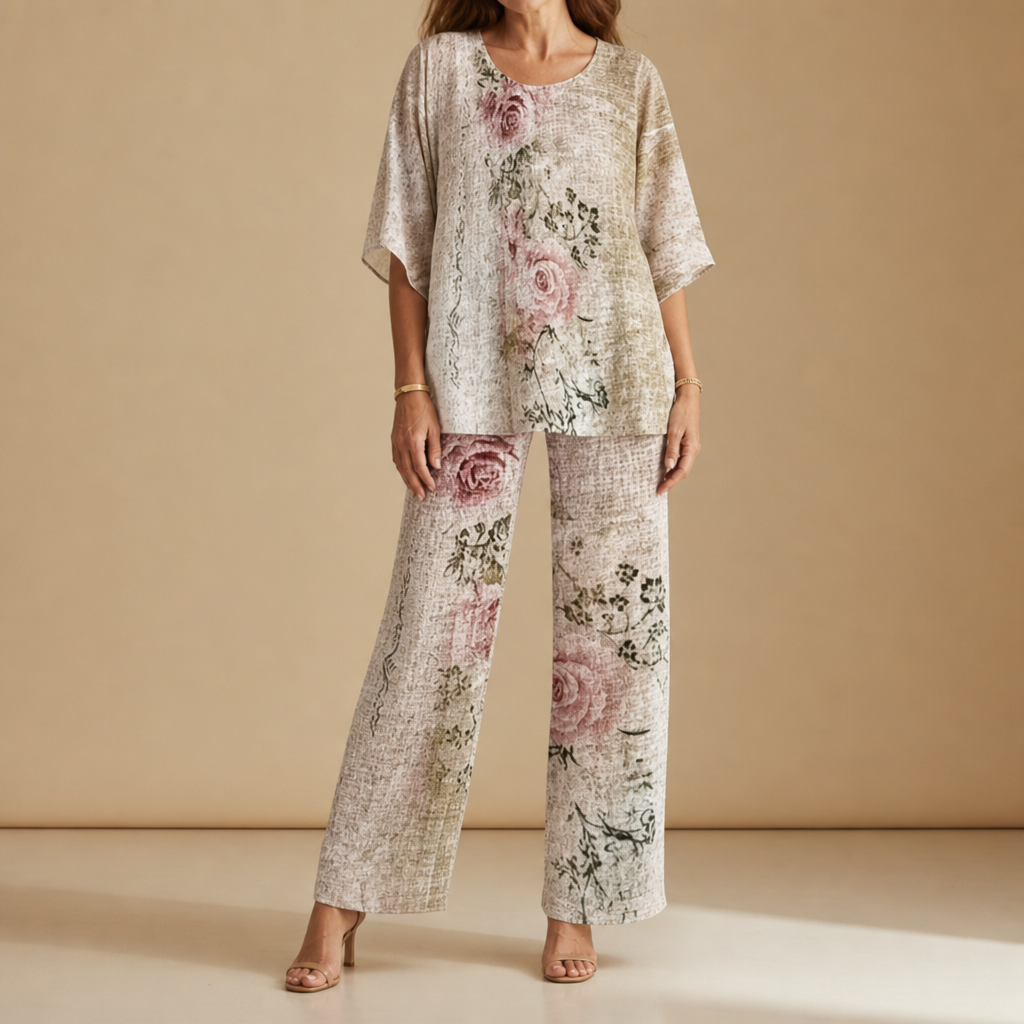 Marenzo Floral Chiffon Two-Piece Set in Sand Floral