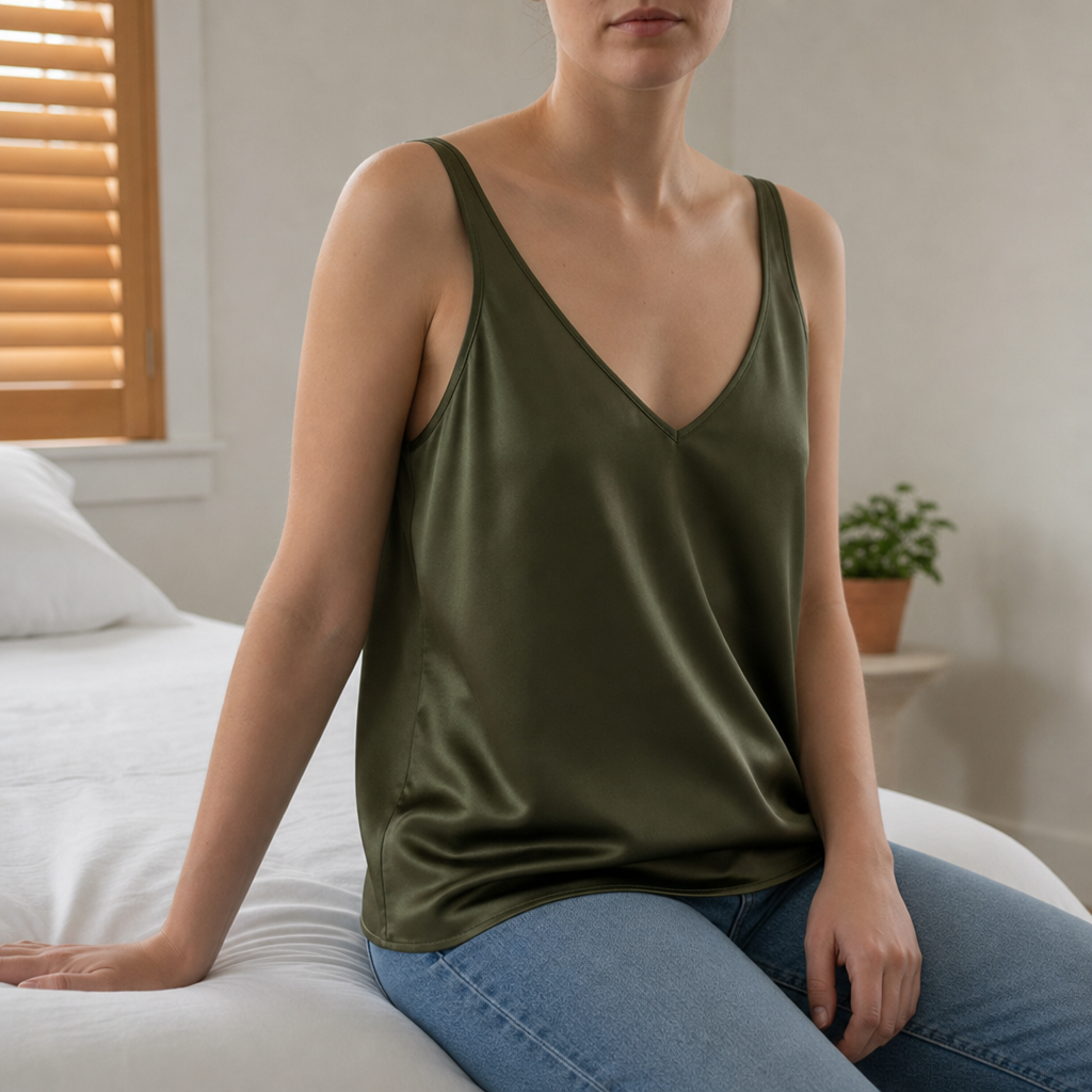 Methoni Satin V-Neck Camisole in Army Green