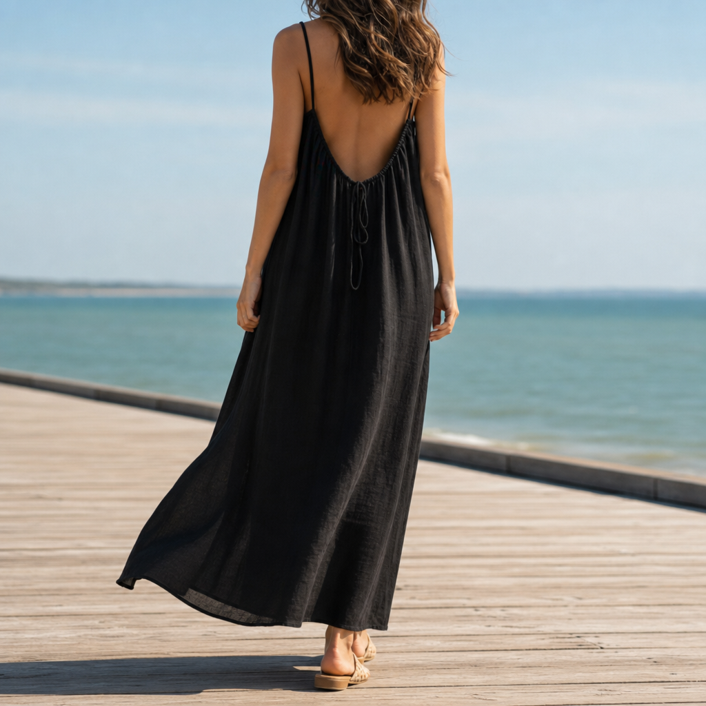 Erice Backless Linen Maxi Dress in Black