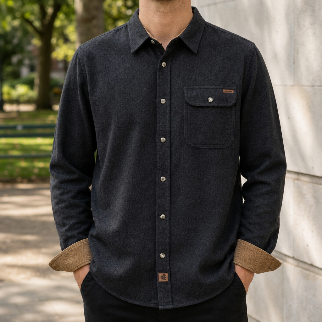 Kea Corduroy Trim Flannel Shirt in Charcoal