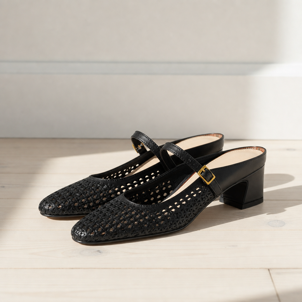 Ansouis Woven Leather Mary Janes in Black