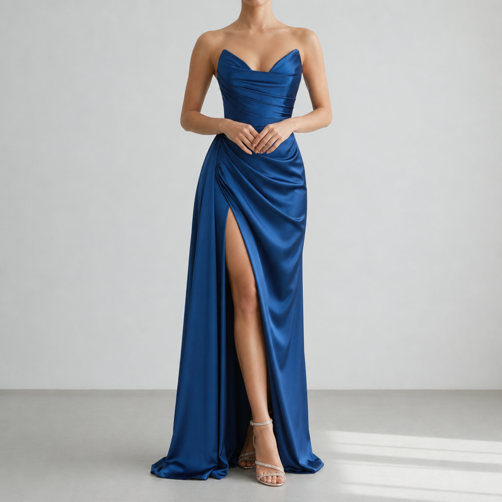 Hydra Ruched Satin Maxi Gown in Blue