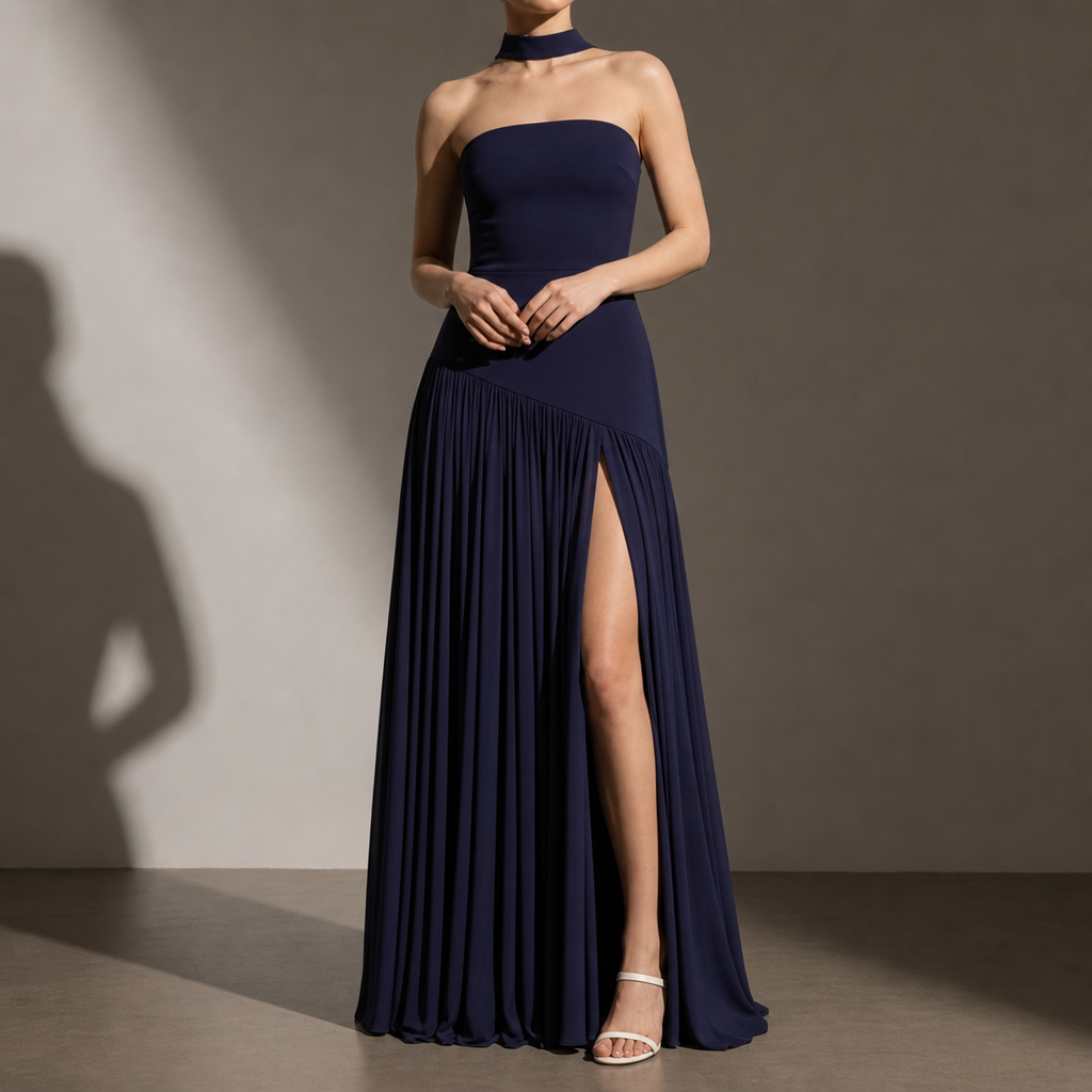 Leros Strapless Slit Maxi Dress in Navy Blue