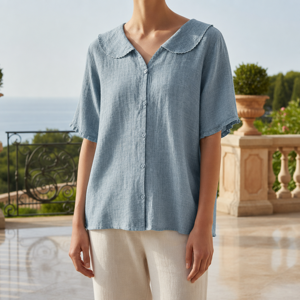 Stresa Doll Collar Linen Blouse in Blue