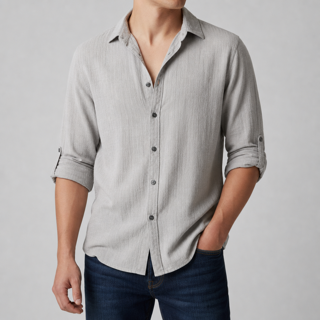 Fiesole Linen Open Collar Shirt in Gray